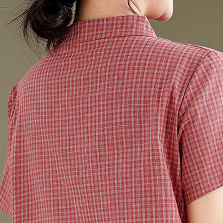 Buddha Stones Plaid Short Sleeve Frog-Button Design Cotton Linen Improved Cheongsam Midi Dress - image 5
