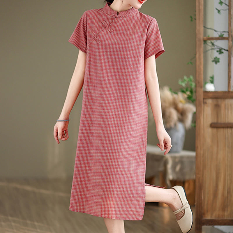 Buddha Stones Plaid Short Sleeve Frog-Button Design Cotton Linen Improved Cheongsam Midi Dress - image 3