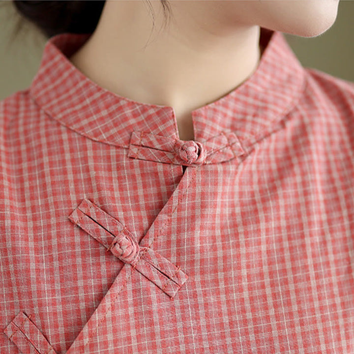 Buddha Stones Plaid Short Sleeve Frog-Button Design Cotton Linen Improved Cheongsam Midi Dress - image 5
