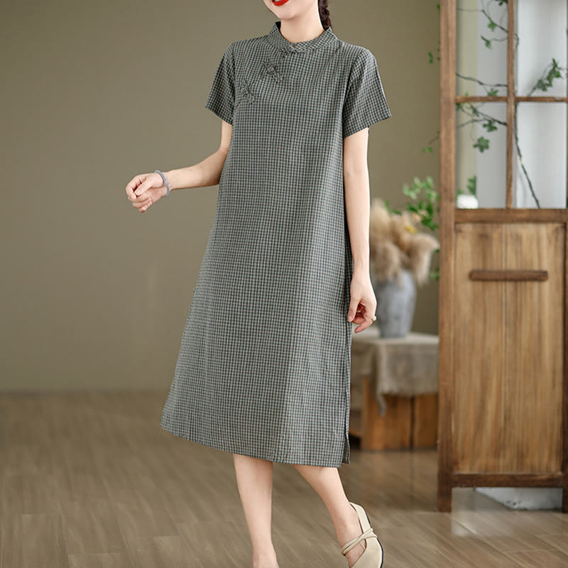 Buddha Stones Plaid Short Sleeve Frog-Button Design Cotton Linen Improved Cheongsam Midi Dress - image 11