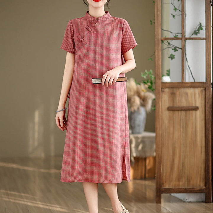 Buddha Stones Plaid Short Sleeve Frog-Button Design Cotton Linen Improved Cheongsam Midi Dress - Salmon - US8-10，UK/AU12-14，EU40-42 (2XL) - image 0