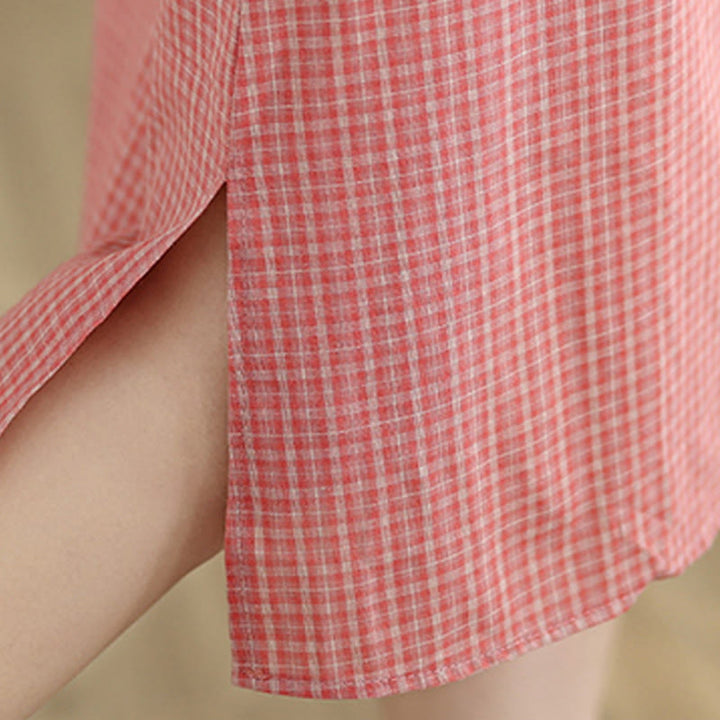 Buddha Stones Plaid Short Sleeve Frog-Button Design Cotton Linen Improved Cheongsam Midi Dress - image 7