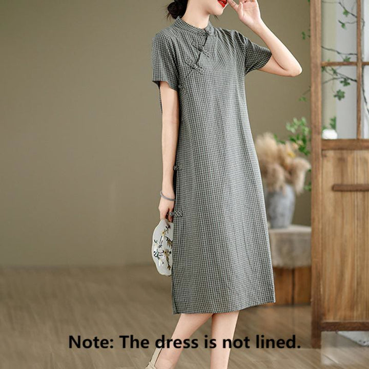 Buddha Stones Plaid Short Sleeve Frog-Button Design Cotton Linen Improved Cheongsam Midi Dress - image 10
