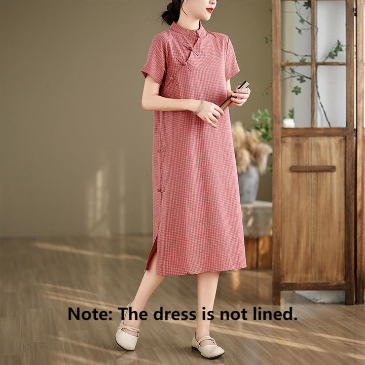 Buddha Stones Plaid Short Sleeve Frog-Button Design Cotton Linen Improved Cheongsam Midi Dress - image 1