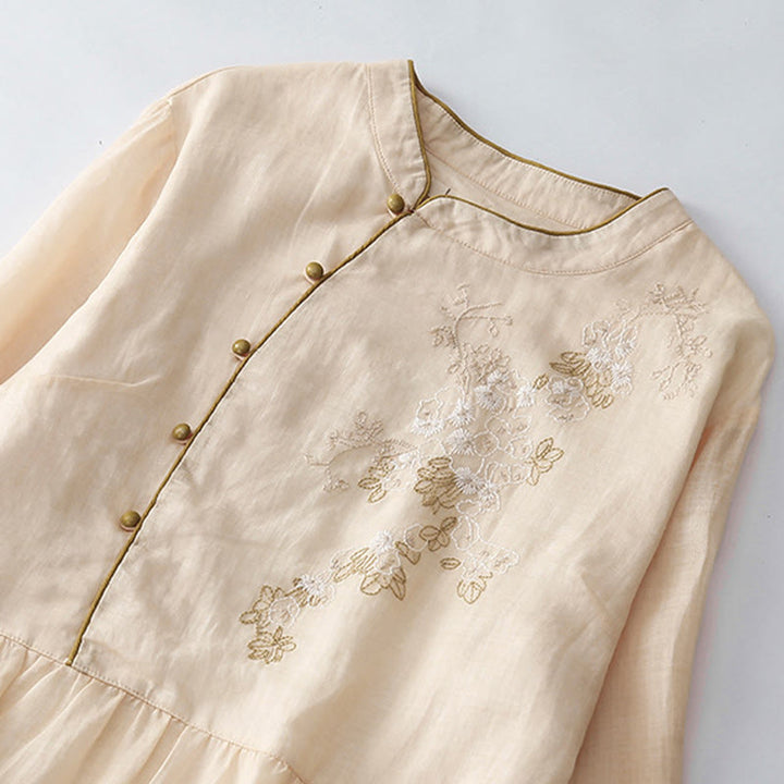 Buddha Stones Casual Vintage Embroidery Buttons Design Long Sleeve Cotton Linen Midi Dress With Pockets - image 3