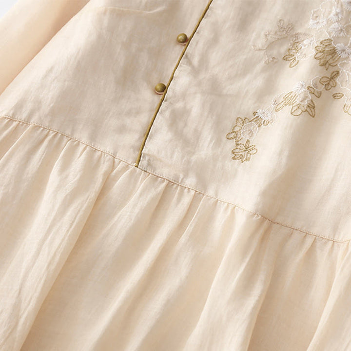 Buddha Stones Casual Vintage Embroidery Buttons Design Long Sleeve Cotton Linen Midi Dress With Pockets - image 5