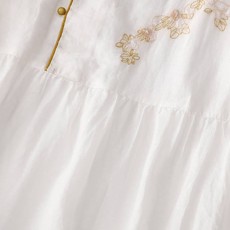 Buddha Stones Casual Vintage Embroidery Buttons Design Long Sleeve Cotton Linen Midi Dress With Pockets - image 20