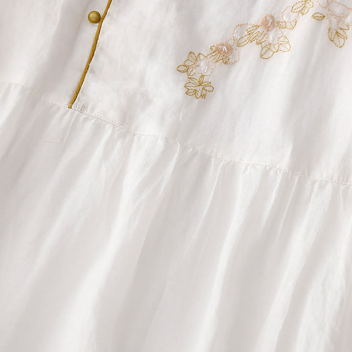Buddha Stones Casual Vintage Embroidery Buttons Design Long Sleeve Cotton Linen Midi Dress With Pockets - image 20