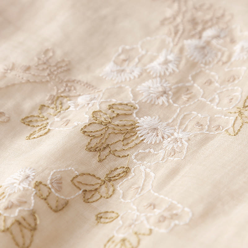 Buddha Stones Embroidery Buttons Design Long Sleeve Cotton Linen Midi Dress With Pockets - image 8