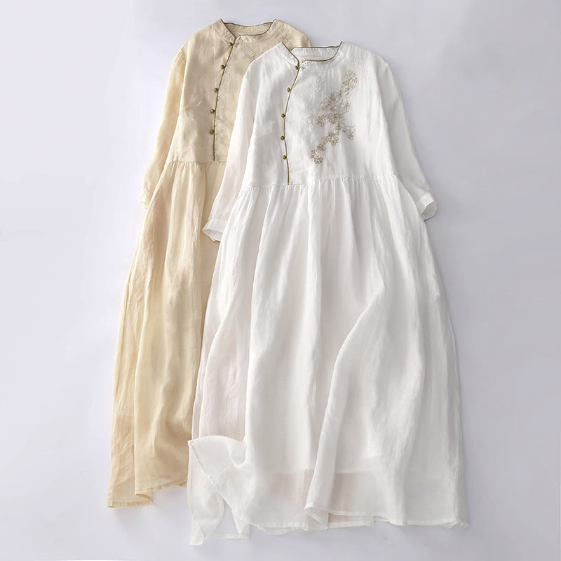 Buddha Stones Casual Vintage Embroidery Buttons Design Long Sleeve Cotton Linen Midi Dress With Pockets - image 25