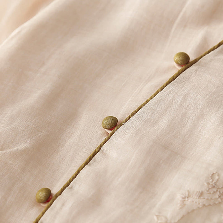 Buddha Stones Casual Vintage Embroidery Buttons Design Long Sleeve Cotton Linen Midi Dress With Pockets - image 6