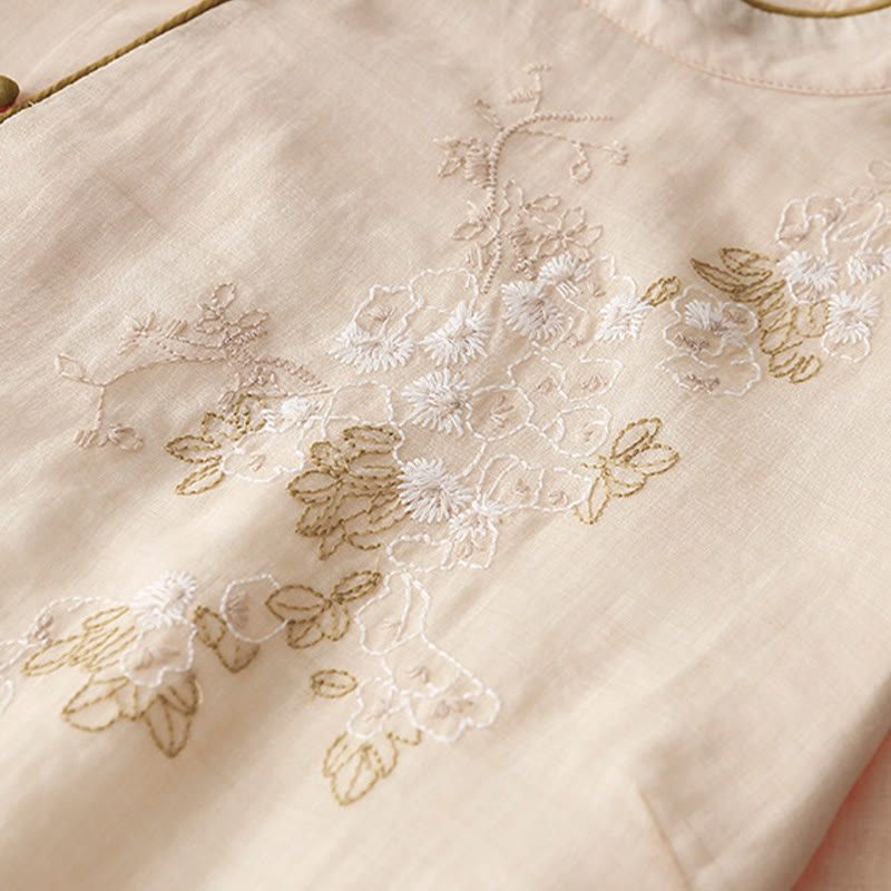 Buddha Stones Casual Vintage Embroidery Buttons Design Long Sleeve Cotton Linen Midi Dress With Pockets - image 7