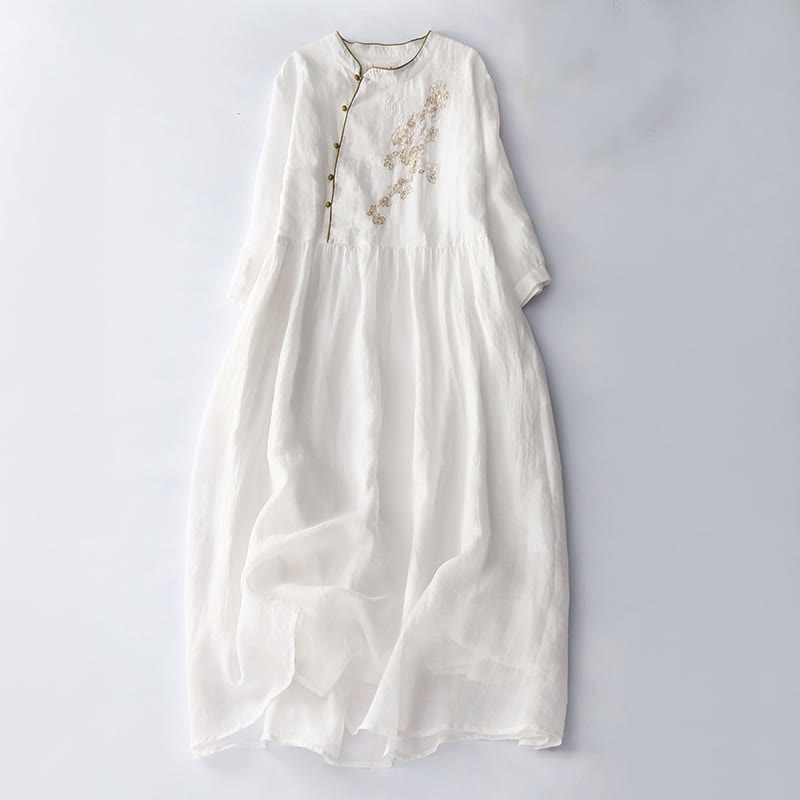 Buddha Stones Embroidery Buttons Design Long Sleeve Cotton Linen Midi Dress With Pockets - White - US8-10，UK/AU12-14，EU40-42 (2XL) - image 15