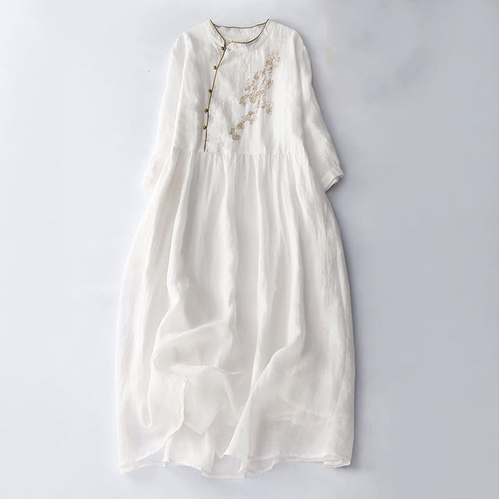 Buddha Stones Casual Vintage Embroidery Buttons Design Long Sleeve Cotton Linen Midi Dress With Pockets - White - US8-10，UK/AU12-14，EU40-42 (2XL) - image 16
