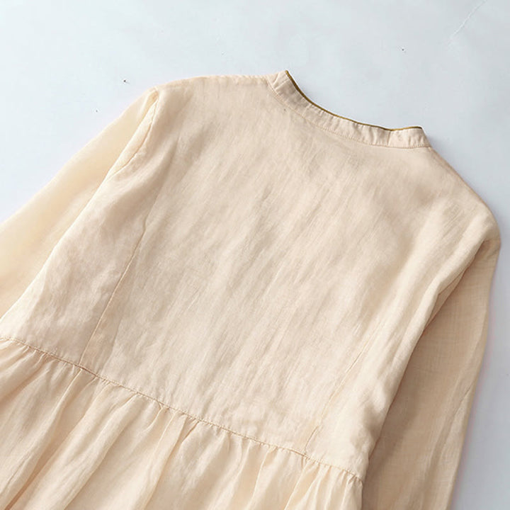 Buddha Stones Casual Vintage Embroidery Buttons Design Long Sleeve Cotton Linen Midi Dress With Pockets - image 4