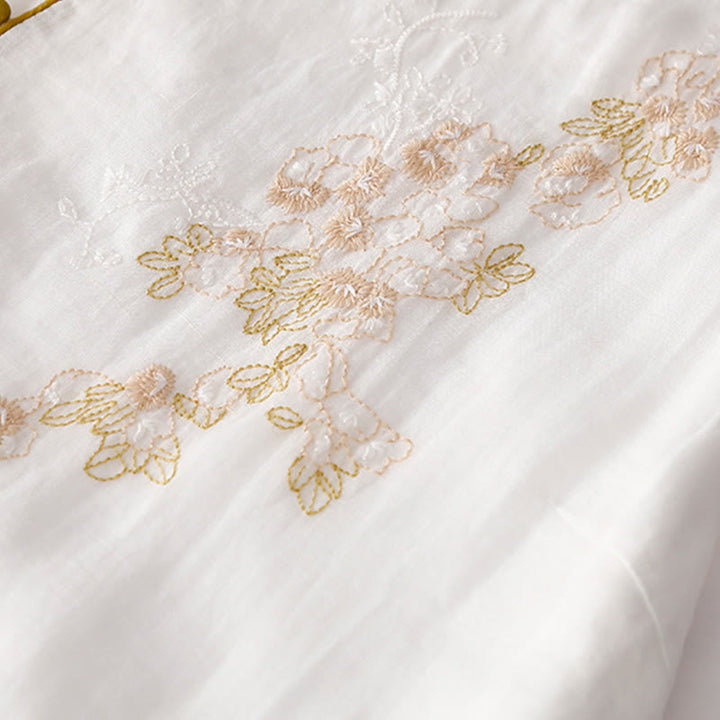 Buddha Stones Casual Vintage Embroidery Buttons Design Long Sleeve Cotton Linen Midi Dress With Pockets - image 18