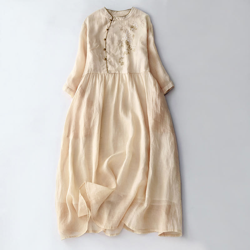 Buddha Stones Casual Vintage Embroidery Buttons Design Long Sleeve Cotton Linen Midi Dress With Pockets - LemonChiffon - US8-10，UK/AU12-14，EU40-42 (2XL) - image 1
