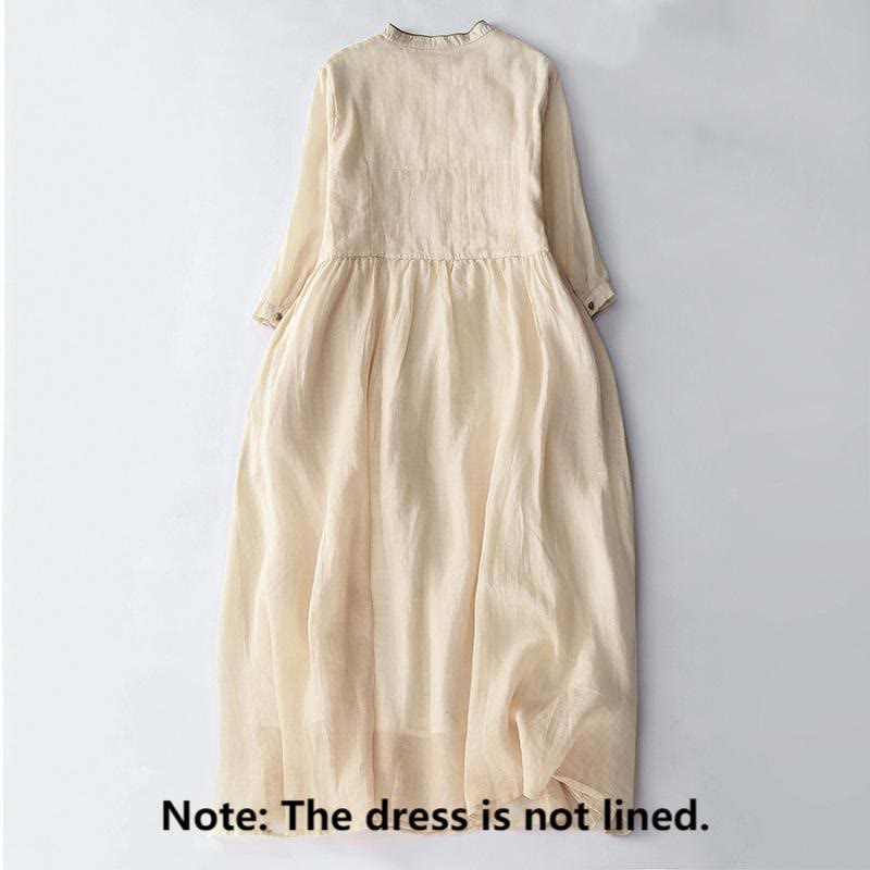 Buddha Stones Casual Vintage Embroidery Buttons Design Long Sleeve Cotton Linen Midi Dress With Pockets - image 2