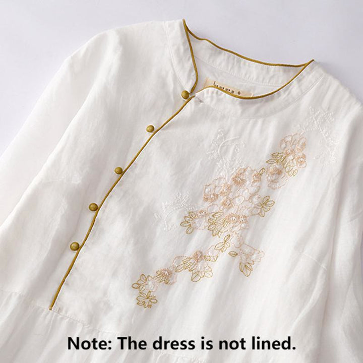 Buddha Stones Embroidery Buttons Design Long Sleeve Cotton Linen Midi Dress With Pockets - image 16