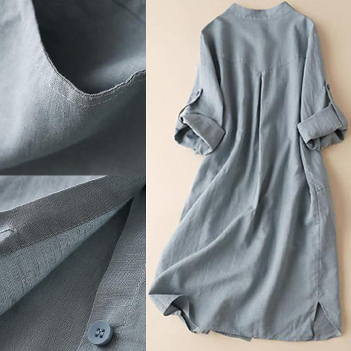 Buddha Stones Buttons Design Plain Long Sleeve Stand Collar Cotton Linen Midi Dress With Pockets - image 8