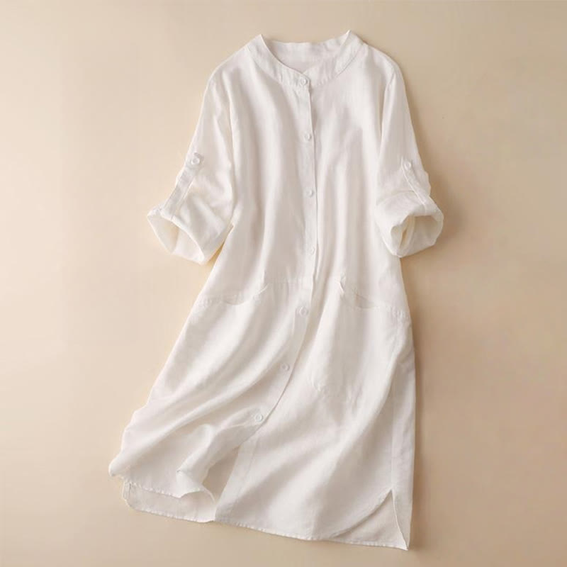 Buddha Stones Buttons Design Plain Long Sleeve Stand Collar Cotton Linen Midi Dress With Pockets - FloralWhite - US12，UK/AU16，EU44 (2XL) - image 9