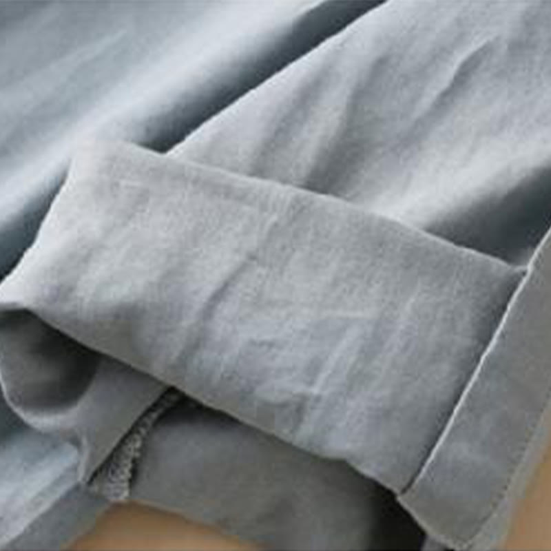 Buddha Stones Buttons Design Plain Long Sleeve Stand Collar Cotton Linen Midi Dress With Pockets - image 6