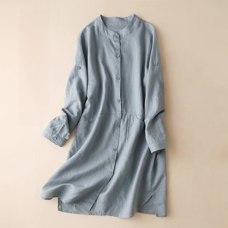 Buddha Stones Buttons Design Plain Long Sleeve Stand Collar Cotton Linen Midi Dress With Pockets - LightSteelBlue - US12，UK/AU16，EU44 (2XL) - image 0