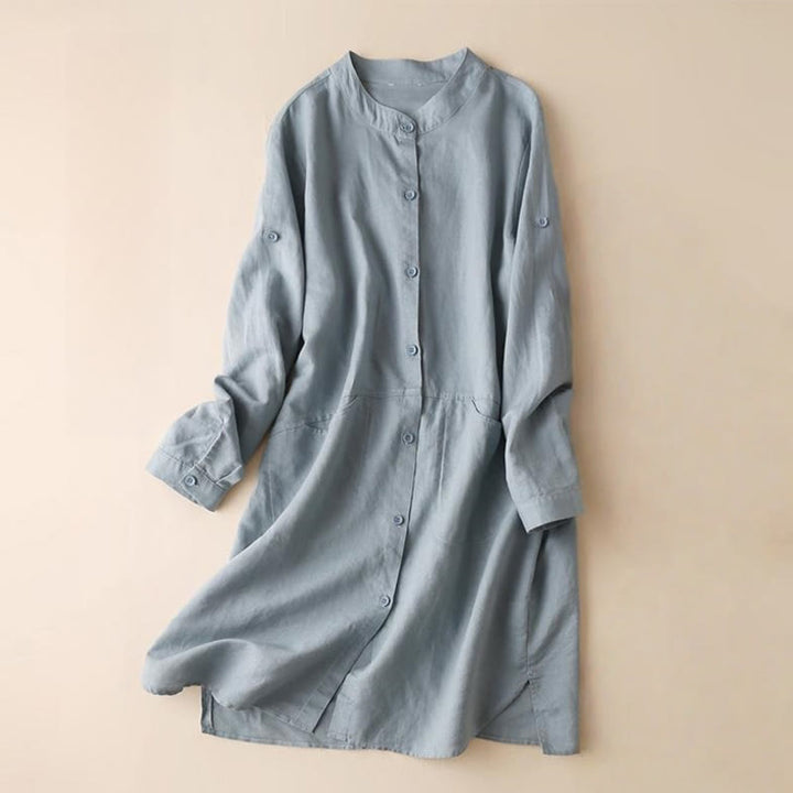 Buddha Stones Buttons Design Plain Long Sleeve Stand Collar Cotton Linen Midi Dress With Pockets - LightSteelBlue - US12，UK/AU16，EU44 (2XL) - image 0
