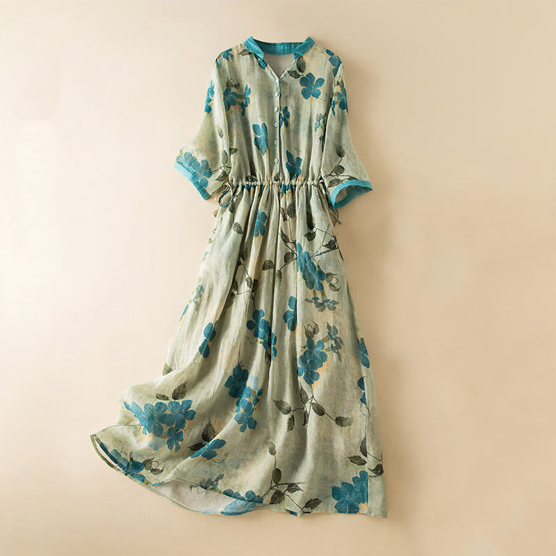 Buddha Stones Summer Color Contrast Floral Pattern Half Buttons Design Drawstring Cotton Linen Midi Dress With Pockets - LightGreen - US12，UK/AU16，EU44 (3XL) - image 1