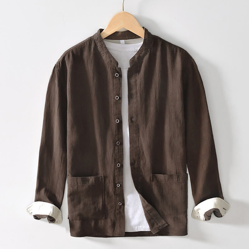 Buddha Stones Solid Color Men's Buttons Long Sleeve Cotton Linen Shirt With Pockets - SaddleBrown - US/UK/AU42，EU52 (3XL) - image 0