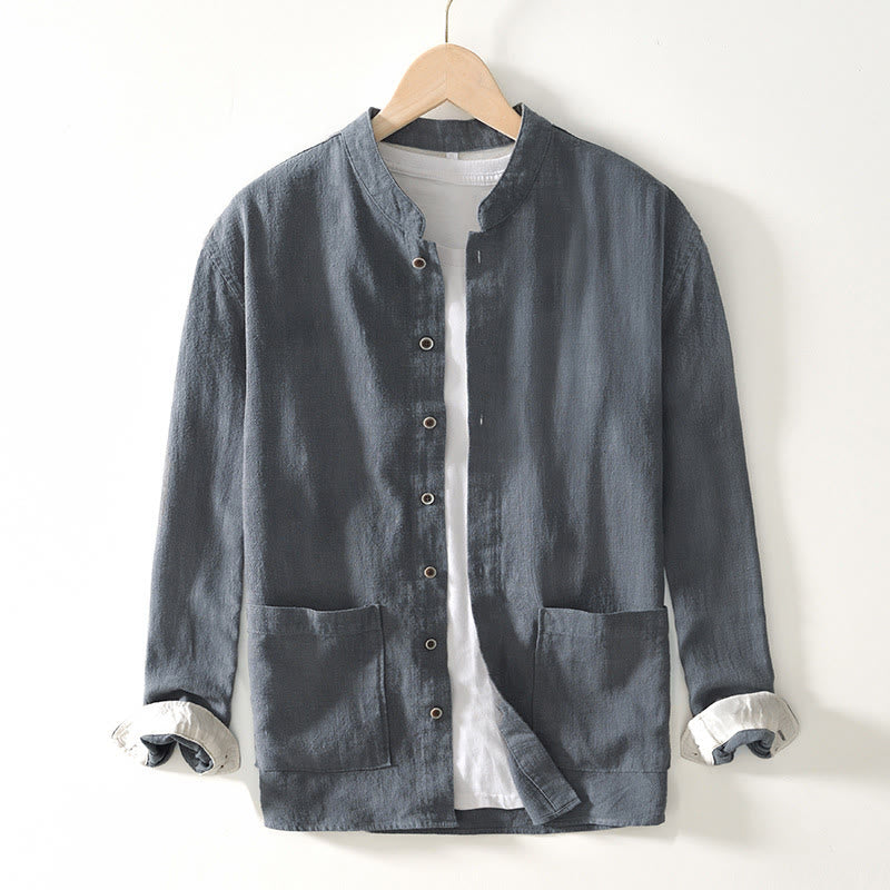 Buddha Stones Solid Color Men's Buttons Long Sleeve Cotton Linen Shirt With Pockets - LightSlateGray - US/UK/AU42，EU52 (3XL) - image 16