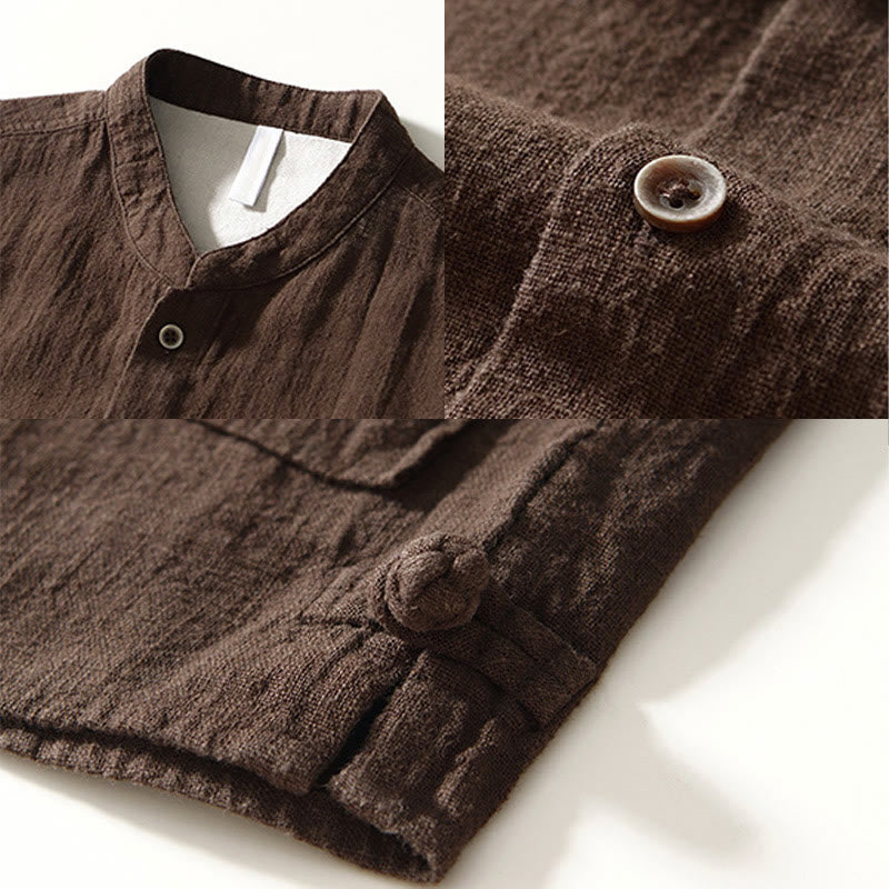 Buddha Stones Solid Color Men's Buttons Long Sleeve Cotton Linen Shirt With Pockets - image 6