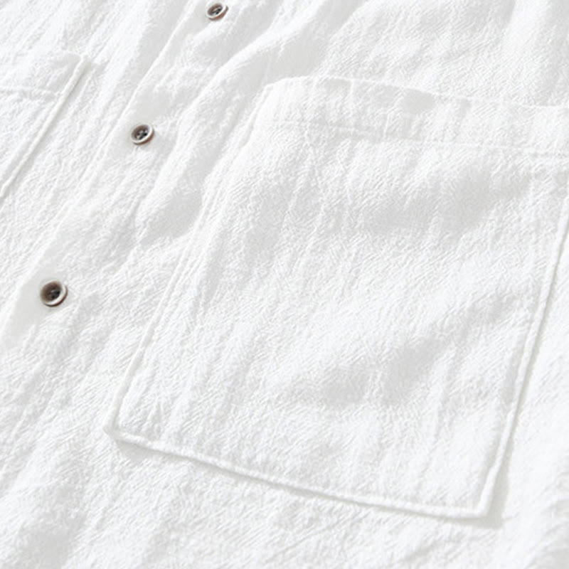 Buddha Stones Casual Buttons Design Stand Collar Men's Short Sleeve Cotton Linen Shirt With Pockets - image 8