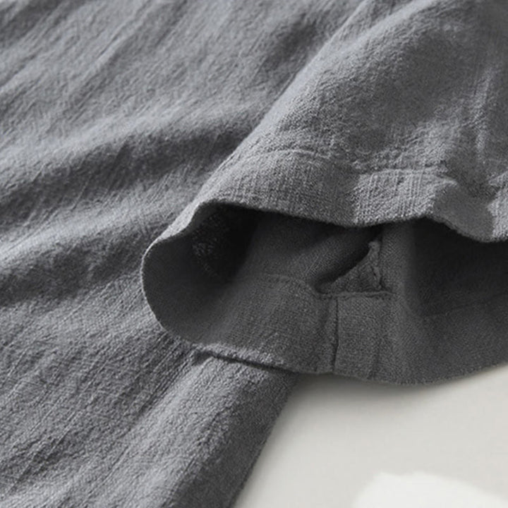 Buddha Stones Casual Buttons Design Stand Collar Men's Short Sleeve Cotton Linen Shirt With Pockets - image 4