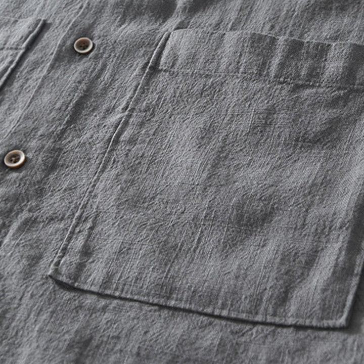 Buddha Stones Casual Buttons Design Stand Collar Men's Short Sleeve Cotton Linen Shirt With Pockets - image 3