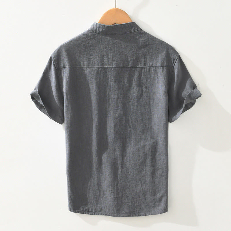 Buddha Stones Casual Buttons Design Stand Collar Men's Short Sleeve Cotton Linen Shirt With Pockets - image 1
