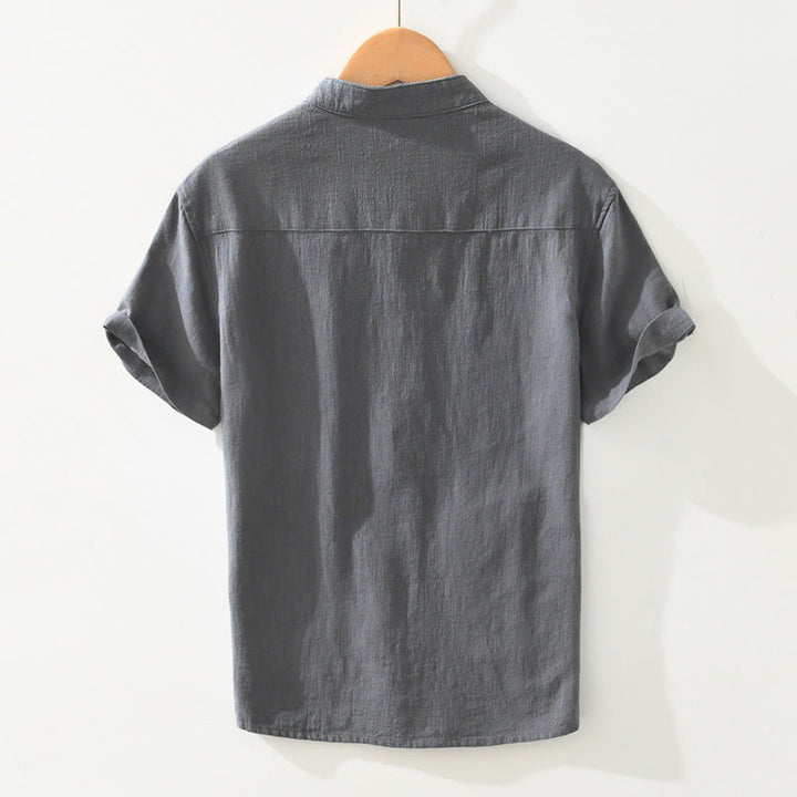 Buddha Stones Casual Buttons Design Stand Collar Men's Short Sleeve Cotton Linen Shirt With Pockets - image 1