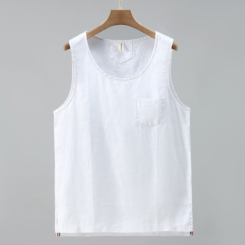 Buddha Stones Summer Solid Color Side Slit Design Sleeveless Men's Linen Vest - White - US/UK/AU42，EU52 (3XL) - image 9