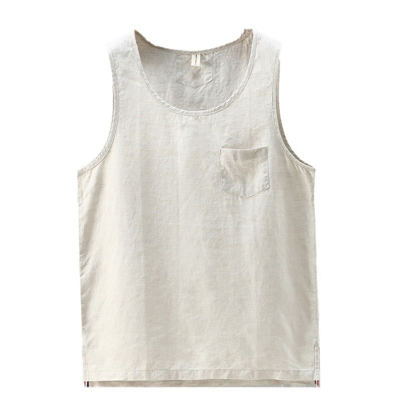 Buddha Stones Summer Solid Color Side Slit Design Sleeveless Men's Linen Vest - image 8