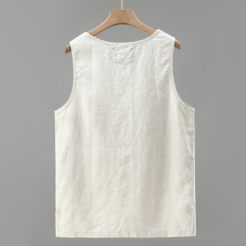 Buddha Stones Summer Solid Color Side Slit Design Sleeveless Men's Linen Vest - image 1