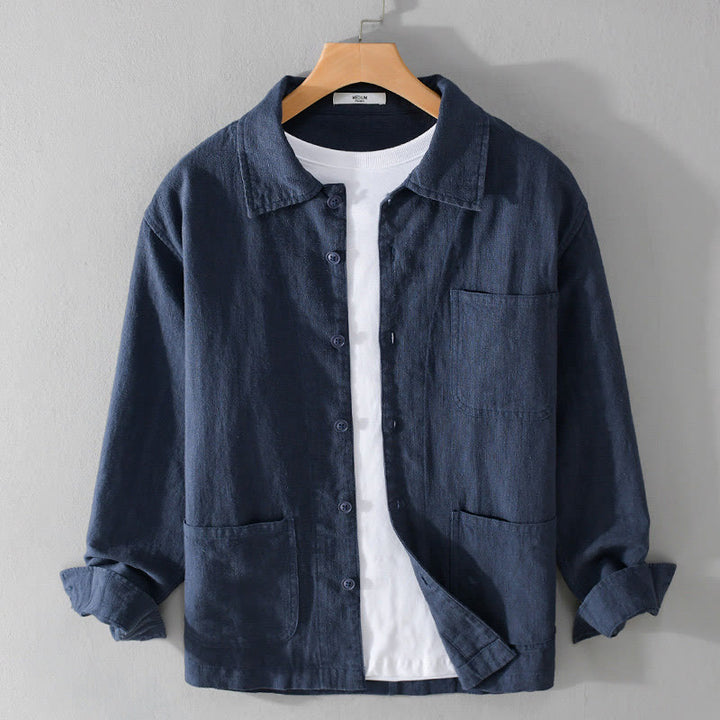 Buddha Stones Commute Fall Solid Color Lapel Men's Long Sleeve Cotton Linen Shirt With Pocket - MidnightBlue - US/UK/AU42，EU52 (3XL) - image 14