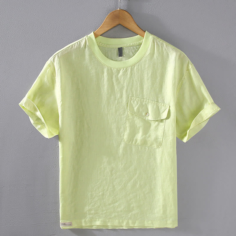 Buddha Stones Crew Neck Simple Design Men's Short Sleeve Linen Shirt With Pocket - GreenYellow - US/UK/AU42，EU52 (3XL) - image 10