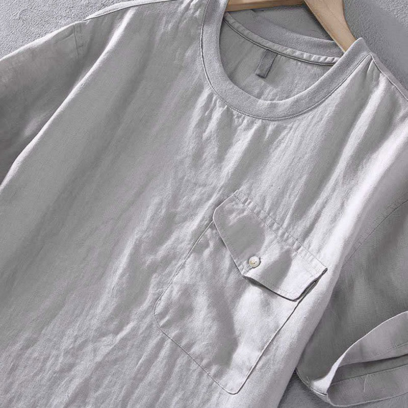 Buddha Stones Crew Neck Simple Design Men's Short Sleeve Linen Shirt With Pocket - image 4