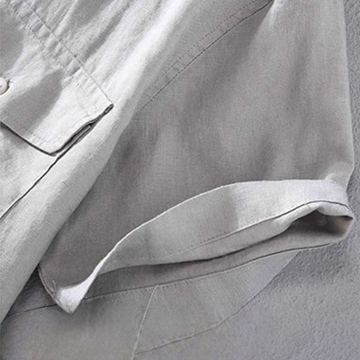 Buddha Stones Crew Neck Simple Design Men's Short Sleeve Linen Shirt With Pocket - image 8