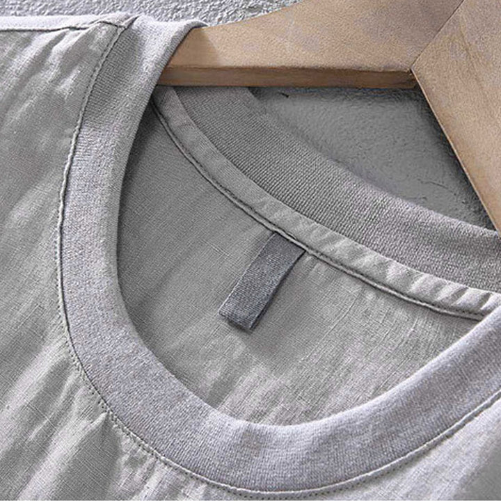 Buddha Stones Crew Neck Simple Design Men's Short Sleeve Linen Shirt With Pocket - image 3