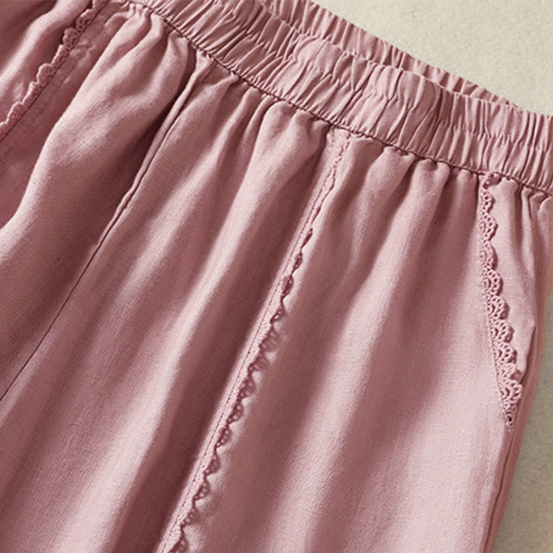 Buddha Stones Casual Plain Lace Side Design 7-8 Length Cotton Linen Women's Harem Pants With Pockets - image 11