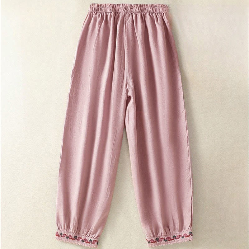 Buddha Stones Casual Plain Lace Side Design 7-8 Length Cotton Linen Women's Harem Pants With Pockets - image 9