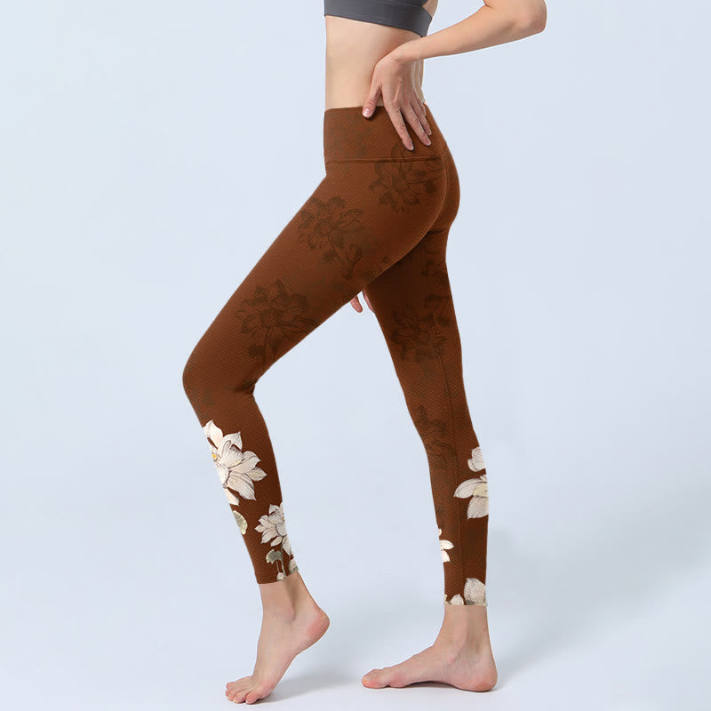 Buddha Stones Brown White Lotus Flower Print Gym Leggings Women's Yoga Pants - image 2