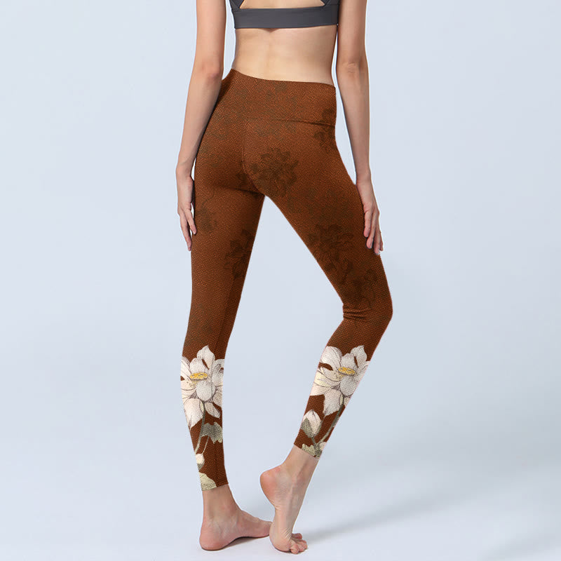 Buddha Stones Brown White Lotus Flower Print Gym Leggings Women's Yoga Pants - image 4