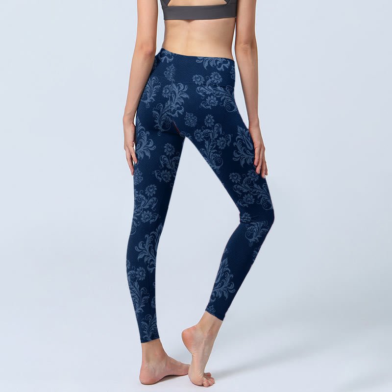 Buddha Stones Blue Floral Leaf Print Gym Leggings Women's Yoga Pants - image 4